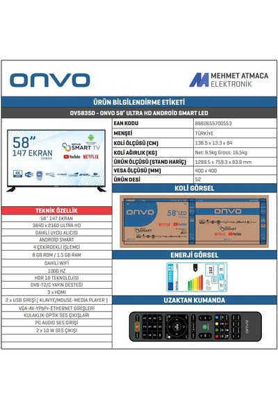 Onvo OV58350 58" 147 Ekran Uydu Alıcılı 4K Ultra HD Android LED TV