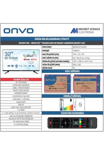 Onvo OV32F150 32" 82 Ekran Uydu Alıcılı HD Android Smart LED TV (Çerçevesiz)