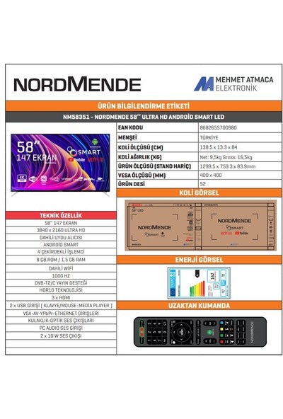 Nordmende NM58351 58" 147 Ekran Uydu Alıcılı 4K Ultra HD Android Smart LED TV