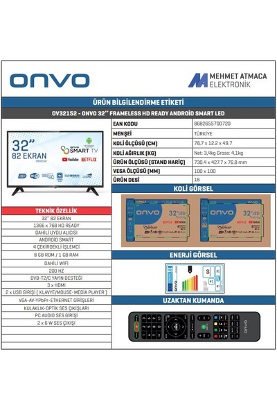 Onvo OV32152 32" 82 Ekran Uydu Alıcılı HD Android LED TV