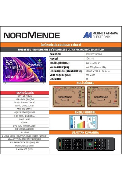 Nordmende NM58F350 58" 147 Ekran Uydu Alıcılı 4K Ultra HD Android Smart LED TV