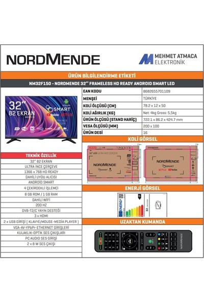 Nordmende NM32F150 32" 82 Ekran Uydu Alıcılı HD Ready Android Smart TV