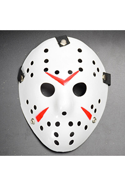 Ufuk Şaka Oyunları Beyaz Renk Kırmızı Çizgili Tam Yüz Hokey Jason Maskesi Hannibal Maskesi