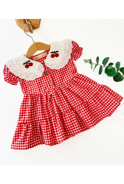 Colored Baby Kız Çocuk Kırmızı Renk Kiraz Yaka Pötikare Elbise