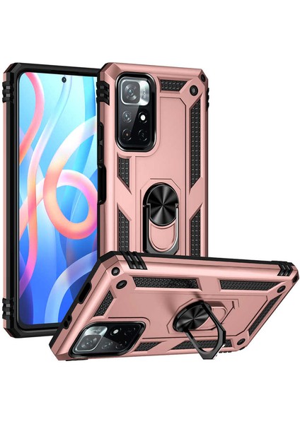 Xiaomi Poco M4 Pro 5g Kılıf Vega Tank Standlı Yüzüklü Mıknatıslı+Nano Glass Bronz