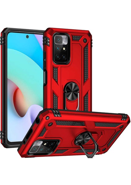 Xiaomi Redmi 10 Kılıf Vega Tank Standlı Yüzüklü Mıknatıslı+Nano Glass Kırmızı