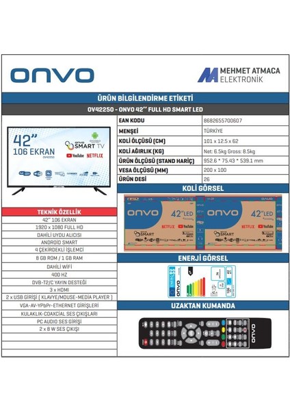 OV42250 42" 106 Ekran Uydulu Full HD Android Smart LED TV