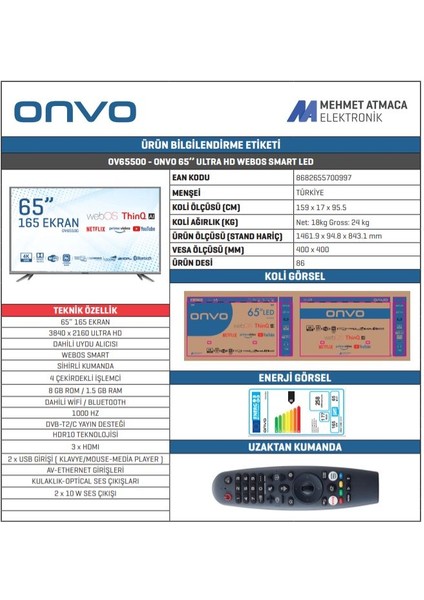 OV65500 65" 165 Ekran Uydu Alıcılı 4K Ultra HD Smart LED TV