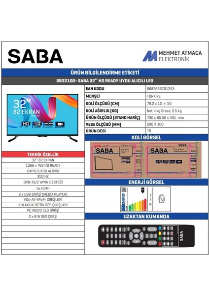 SB32100 32" 81 Ekran Dahili Uydu Alıcılı HD Ready LED TV