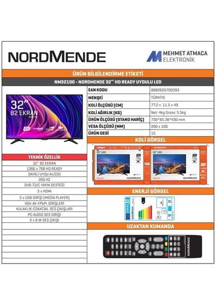 NM32100 32” 82 Ekran Uydu Alıcılı LED TV