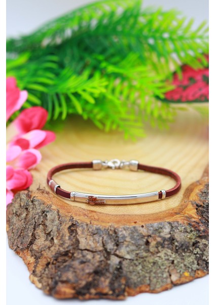 Balta Model Vişne Rengi Deri Kordonlu Unisex Gümüş Bileklik 201020470