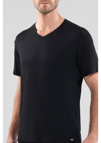 Silver V Yaka Kısa Kol Siyah T-Shirt 9308
