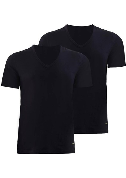 Tender Cotton 2 li V Yaka Kısa Kol Siyah T-Shirt 9671