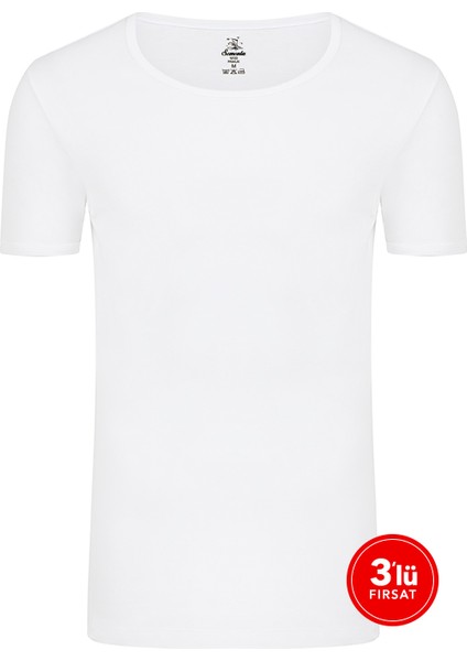 Erkek Pamuklu Sıfır Yaka Tshirt 3'lü Paket - Beyaz