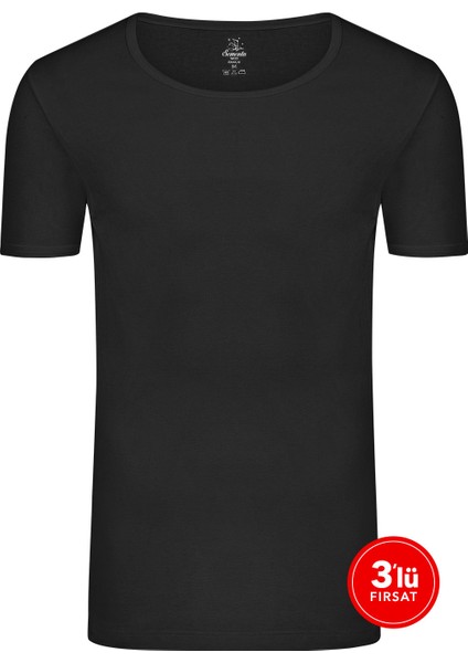 Erkek Pamuklu Sıfır Yaka Tshirt 3'lü Paket - Siyah