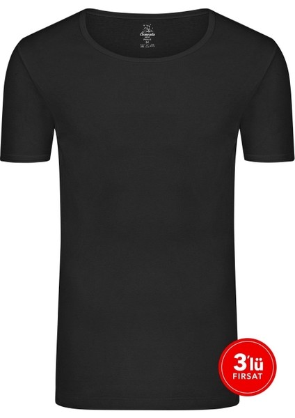 Erkek Pamuklu Sıfır Yaka Tshirt 3'lü Paket - Siyah
