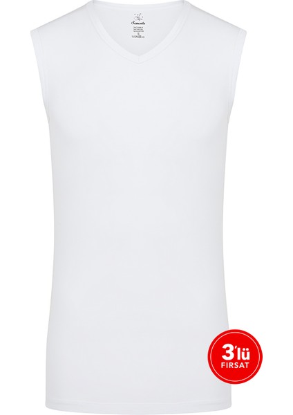 Erkek Modal V Yaka Kolsuz Tshirt 3'lü Paket - Beyaz