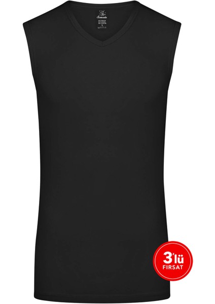 Erkek Modal V Yaka Kolsuz Tshirt 3'lü Paket - Siyah