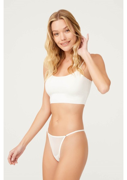 Krem Tül Çıkarılabilir Love Yazı Detaylı Tanga Külot modelleri