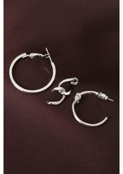 Düğüm Model Gümüş Renk Metal Çoklu Halka Küpe