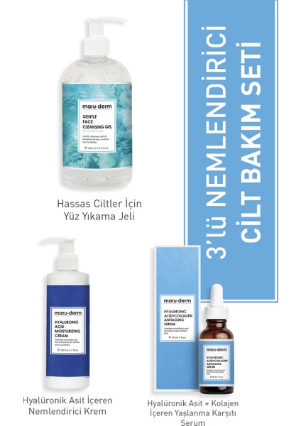 3'lü Cilt Bakım Seti - Hyalüronk Asit ve Jel, Krem, Serum (400 Ml, 200 Ml, 30 Ml)