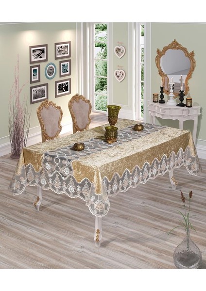 Çağla Lüx Dantelli Kadife Kumaş Bej Masa Örtüsü Dikdörtgen 160x220 cm - 100