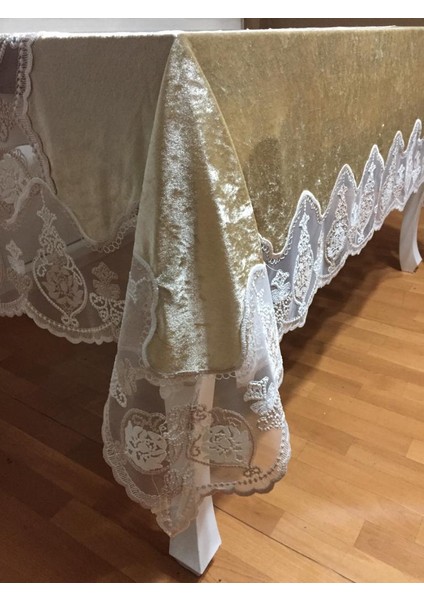 Çağla Lüx Dantelli Kadife Kumaş Bej Masa Örtüsü Dikdörtgen 160x220 cm - 100 fırsatları