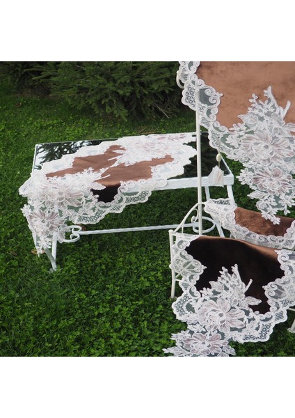 Beste Aplikeli Güpürlü Kadife Kahve Salon Takımı 5 Parça - 476