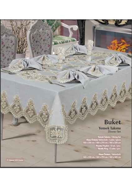 Buket Lüx Dantelli Simli Keten Kumaş Gri Masa Örtüsü ve Peçeteli Sofra Takımı 8 kişilik Dikdörtgen 160x230 cm 17 Parça - 173