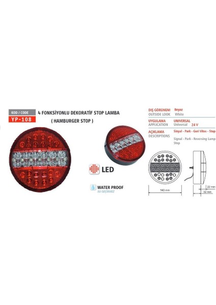 Yüce Plastik Yp 108 4 Fonksiyonlu Ledli Dekoratif Stop Lamba 24 V Beyaz