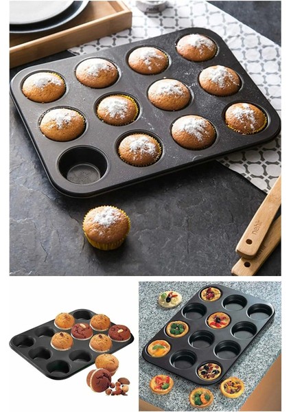 12 Bölmeli Yanmaz ve Yapışmaz Kek Kapsülü Yapışmaz Mini Tart Kek Kapsülü Muffin Ekler Kalıbı 35-27 cm