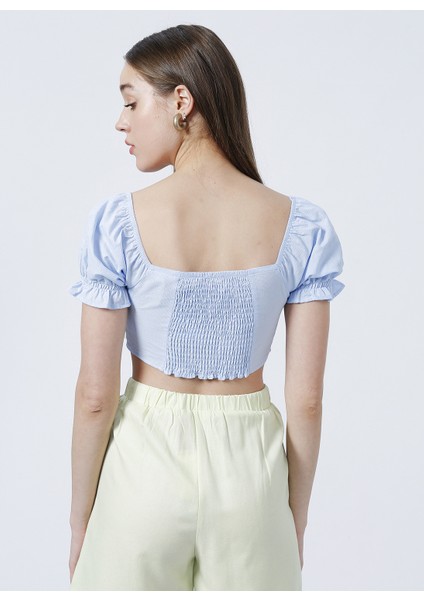 Kalp Yaka Crop Mavi Kadın Bluz - K-Ramos fırsatları