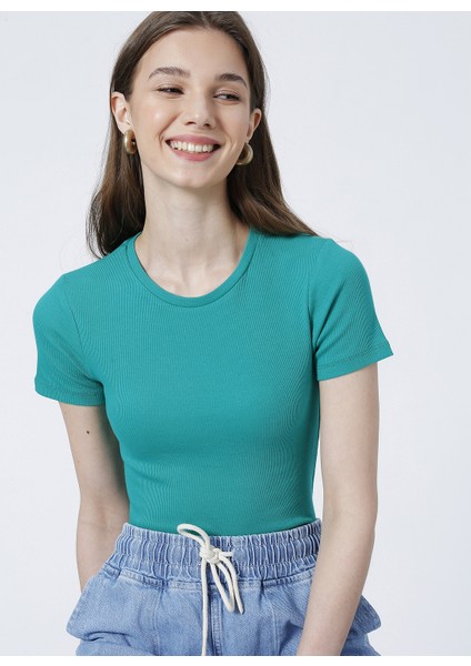 Bisiklet Yaka Fitilli Yeşil Kadın T-Shirt TEO fırsatları