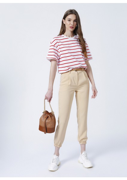 Bisiklet Yaka Basic Kırmızı - Beyaz Kadın T-Shirt - K-MELISSA