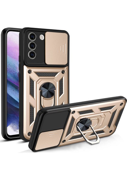 Samsung Galaxy S21 Fe 5g Ince Kaydırmalı Kamera Kapaklı ve Halka Tutucu Standlı Sağlam Zırh Koruma Çantası Altın (Yurt Dışından)
