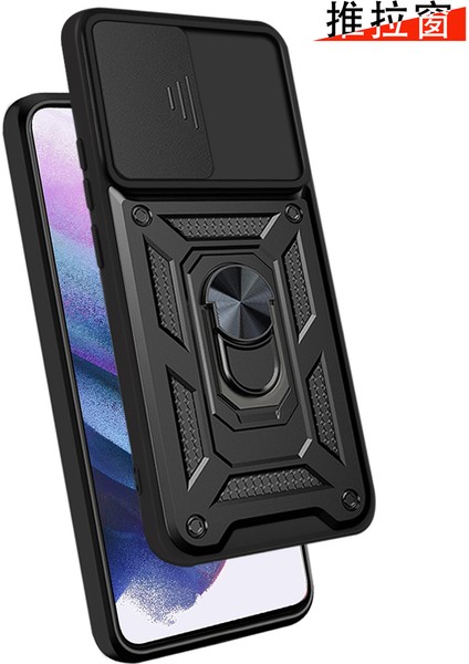Samsung Galaxy S21 Fe 5g Ince Kaydırmalı Kamera Kapaklı ve Halka Tutucu Standlı Sağlam Zırh Koruma Çantası Altın (Yurt Dışından)