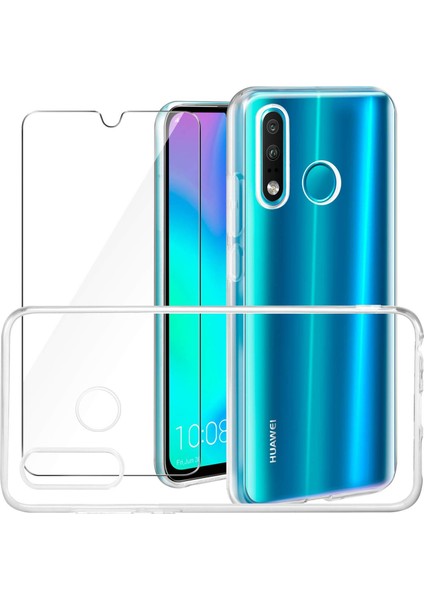 Huawei P30 Lite Kılıf Şeffaf Süper Silikon Kılıf + Esnek Nano Cam