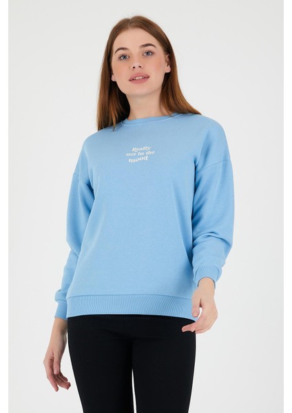 Kadın Oversize Yazı Baskılı 3 Iplik Sweatshirt Mavi