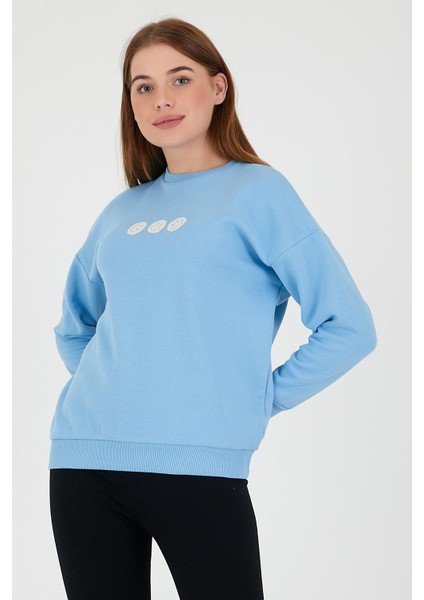 Kadın Oversize Baskılı Sweatshirt Mavi