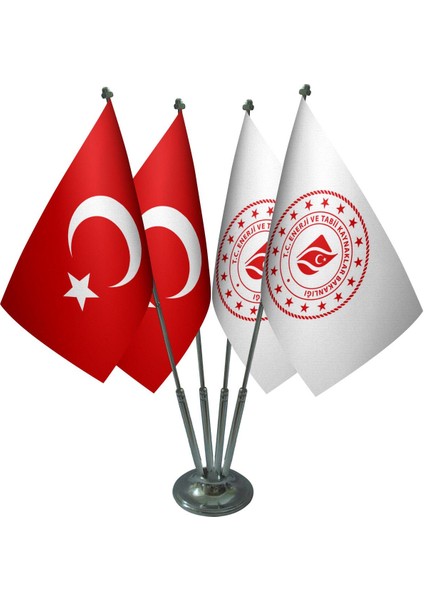 Masa Üstü Enerji Bakanlığı Bayrağı Türk Bayrağı Dörtlü Krom Direk Masa Bayrak Seti