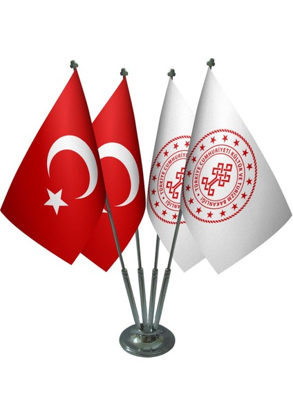 Masa Üstü Kültür ve Turizm Bakanlığı Bayrağı Türk Bayrağı Dörtlü Krom Direk Masa Bayrak Seti