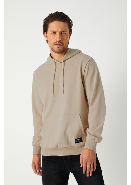 mmetalic Bej Erkek Kapüşonlu Kanguru Cepli Sweatshirt