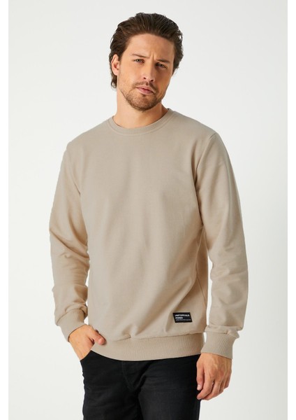 Erkek Bej Basic Bisiklet Yaka Sweatshirt