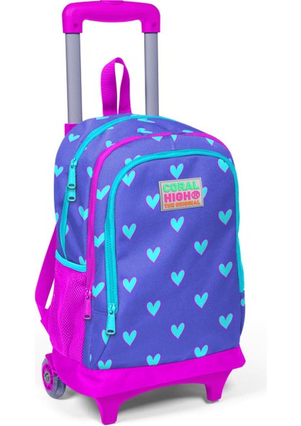 Kids Lavanta Kalp Desenli Işıklı Tekerlekli Iki Bölmeli Çekçekli Sırt Çantası 23906