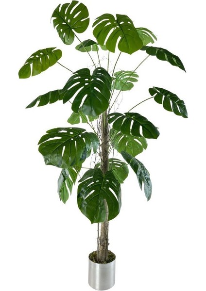 Yapay Ağaç Monstera 18 Dallı Çalılı Gövde 120 x 60 cm Gümüş Aleminyum Saksıda