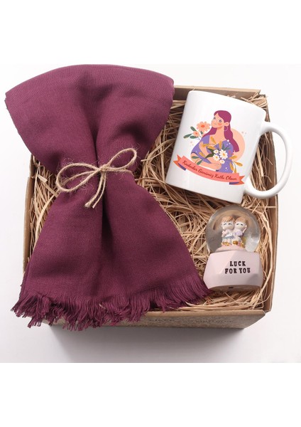 Kadınlar Gününe Özel Kupa & Mürdüm Renk Şal & Işıklı Şans Kar Küresi Hediye Seti