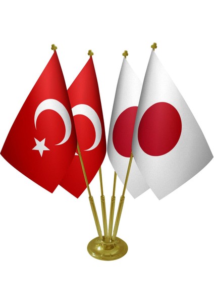 Masa Üstü Japonya Bayrağı Türk Bayrağı Dörtlü Pirinç Direk Masa Bayrak Seti