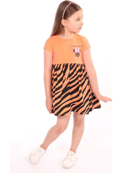 Toontoy Kız Çocuk Little Yazılı Etek Kısmı Zebra Desen Baskılı Elbise
