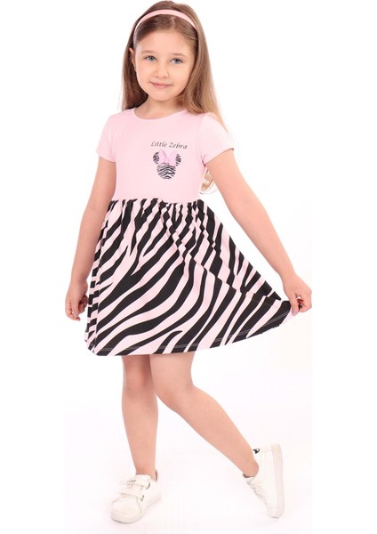 Toontoy Kız Çocuk Little Yazılı Etek Kısmı Zebra Desen Baskılı Elbise