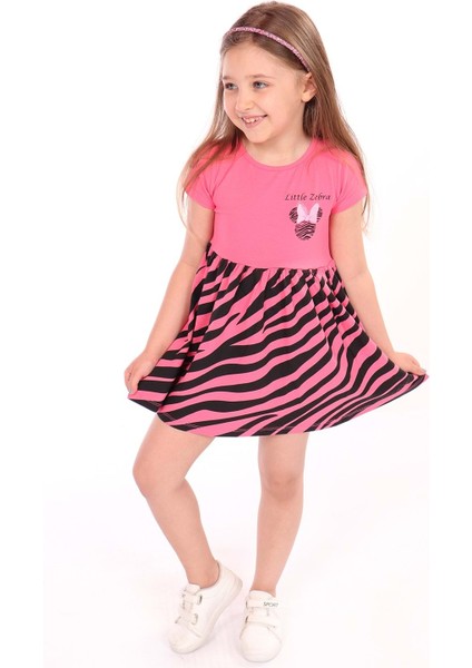 Toontoy Kız Çocuk Little Yazılı Etek Kısmı Zebra Desen Baskılı Elbise